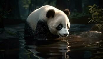 linda gigante panda comiendo bambú en tropical selva, cerca arriba generado por ai foto