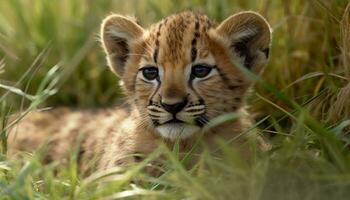 Cute young cheetah hiding in grass, staring at camera, Africa generated by AI photo