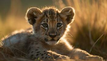 Majestic cheetah, wild beauty, spotted fur, nature fast hunter generated by AI photo