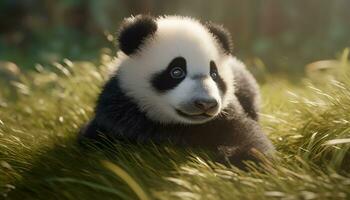 Cute mammal, panda, grass, outdoors, small, endangered species, young animal generated by AI photo