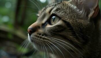 Cute kitten staring, fluffy fur, green grass, playful nature, beauty generated by AI photo