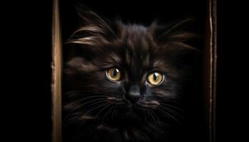 Cute kitten staring, fluffy fur, focused on camera, playful curiosity generated by AI photo