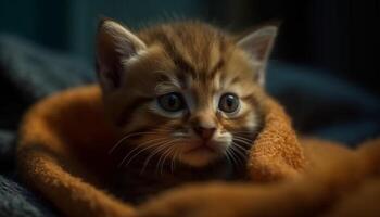 linda gatito con mullido pelo, curioso a cámara, descansando cómodamente generado por ai foto