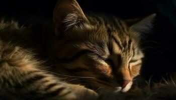 Cute kitten sleeping, fur softness, whisker close up, eyes closed, pampered generated by AI photo