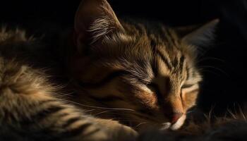 Cute kitten sleeping, fur softness, whisker close up, eyes closed, pampered generated by AI photo