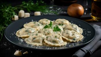 Freshly cooked homemade dumplings on a rustic wooden plate generated by AI photo