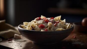 Fresh homemade pasta on wooden table, a gourmet Italian delight generated by AI photo