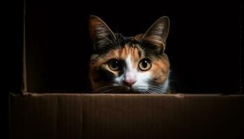 Cute kitten with striped fur, staring at camera, indoors generated by AI photo