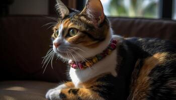 Cute kitten staring, fluffy fur, playful, sleeping on comfortable sofa generated by AI photo