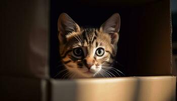 linda gatito con a rayas pelo, sentado y curioso a cámara generado por ai foto