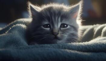 Cute kitten with blue eyes, fluffy fur, and playful nature generated by AI photo