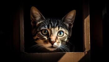 Cute kitten staring, whiskers twitching, curious eyes peering through window generated by AI photo