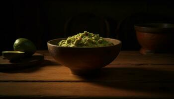 Fresh guacamole on a wooden table, a healthy vegetarian snack generated by AI photo