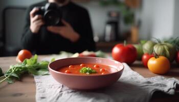 un sano vegetariano comida en un de madera mesa adentro generado por ai foto