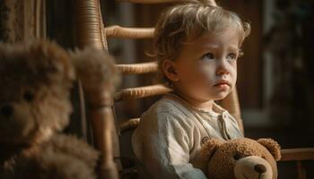 un linda niño jugando con un juguete osito de peluche oso adentro generado por ai foto