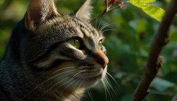 linda gatito sentado al aire libre, curioso a cámara con curioso ojos generado por ai foto