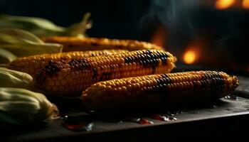 A la parrilla maíz en el mazorca, fresco, saludable, y delicioso parilla generado por ai foto