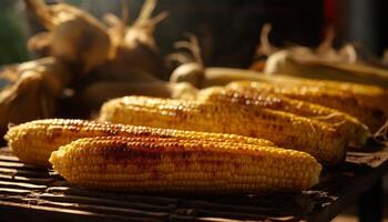 A la parrilla maíz en el mazorca, un delicioso vegetariano parilla bocadillo generado por ai foto