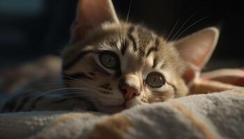 Cute domestic cat, striped fur, sleeping on comfortable pillow generated by AI photo