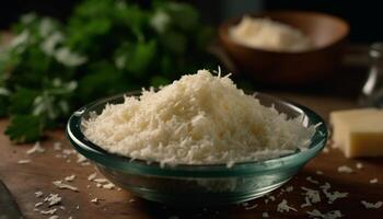 Freshness and nature on a rustic wooden table, healthy homemade meal generated by AI photo