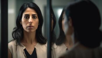 A young adult woman, indoors, looking through window, feeling sadness generated by AI photo