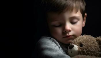 A cute child embraces a teddy bear, finding solace generated by AI photo