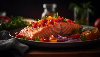 Grilled salmon steak with fresh vegetables, salad, and lemon garnish generated by AI photo