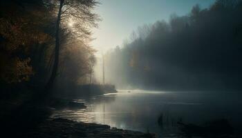 Tranquil scene foggy forest, autumn tree, reflecting sunlight on water generated by AI photo