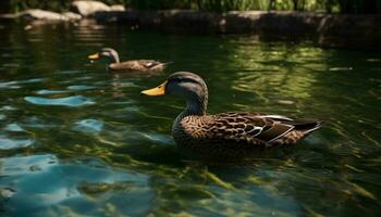 Mallard duck swimming in tranquil pond, surrounded by beautiful nature generated by AI photo