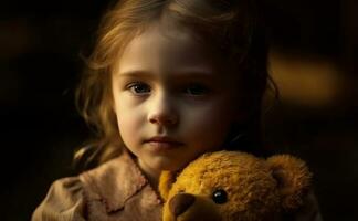 Cute girl with brown hair holding teddy bear, smiling outdoors generated by AI photo