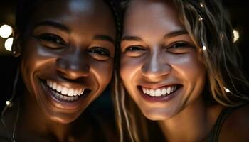 sonriente joven mujer disfrutar amistad, risa, y unión al aire libre generado por ai foto