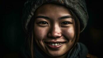 sonriente joven mujer, mirando a cámara, exudando belleza y felicidad generado por ai foto