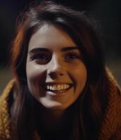 Smiling young woman with brown hair, looking at camera happily generated by AI photo