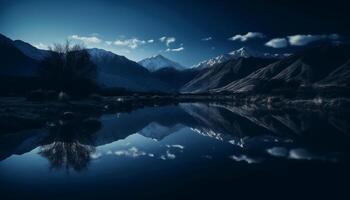 majestuoso montaña rango refleja en tranquilo azul agua, asombroso paisaje generado por ai foto