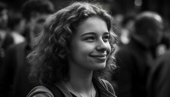 Smiling women outdoors, young adult cheerful black and white portrait generated by AI photo