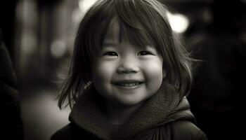 sonriente niño, alegre y lindo, al aire libre, retrato de felicidad generado por ai foto