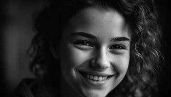 sonriente mujer, retrato en negro y blanco, mirando a cámara generado por ai foto