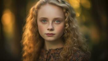 uno linda niña con largo marrón pelo sonriente en naturaleza generado por ai foto