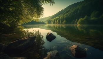 Tranquil scene nature beauty reflected in the peaceful flowing water generated by AI photo