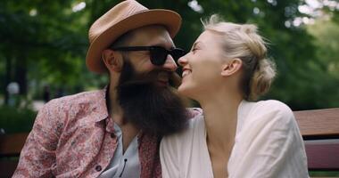 sonriente joven Pareja disfrutando naturaleza, amor y unión al aire libre generado por ai foto