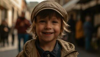 Smiling child outdoors, cheerful boys portrait, one person Caucasian ethnicity generated by AI photo