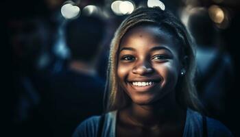 Smiling young adult radiates happiness, confidence, and carefree joy outdoors generated by AI photo