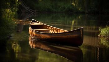 Tranquil scene of a rowboat on a peaceful autumn pond generated by AI photo