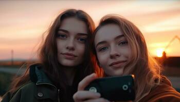 dos joven adulto hembras sonriente al aire libre a atardecer, tomando un selfie generado por ai foto