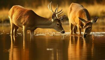 Deer grazing peacefully in the tranquil wilderness at sunset generated by AI photo