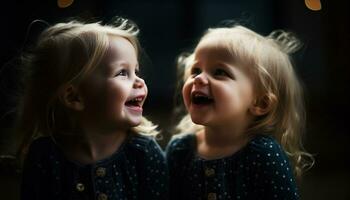 dos linda chicas, sonriente y alegre, jugando al aire libre en el oscuro generado por ai foto