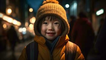 Smiling child outdoors in winter, happiness and cheerful lifestyles portrait generated by AI photo