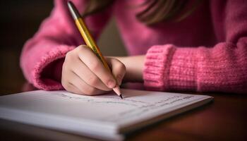 A Caucasian child studying at a table, pen in hand generated by AI photo