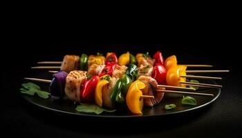 Grilled skewer barbecue meat and vegetable, gourmet freshness on plate generated by AI photo