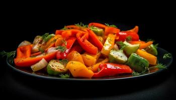 Fresh, healthy vegetarian salad with multi colored bell peppers on black background generated by AI photo
